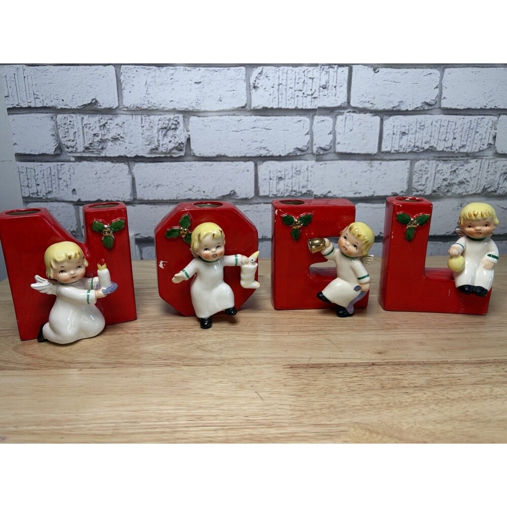 1956 NAPCO NOEL CHRISTMAS ANGEL WALL VASE & CANDLE HOLDER HAPPY YULETIDE QUARTET